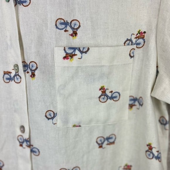 RAE DUNN Bicycle Flowers in Basket Linen Button Up Shirt Medium Novelty Print - Picture 4 of 16